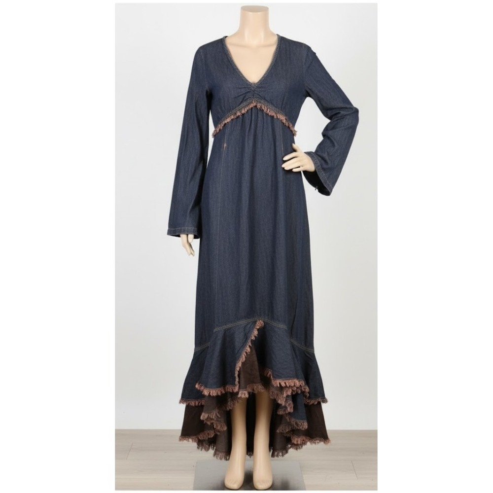 Forenza Long Sleeve Denim Dress western ruffle maxi dress sz 4 - W small defect
